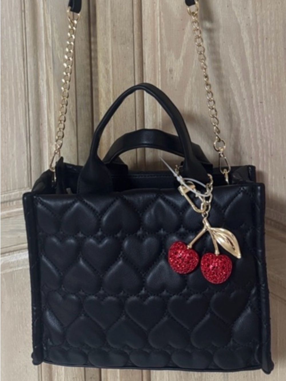 NEW Black Quilted Heart Tote with Cherry Charm - Women Bags